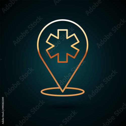Gold line Medical map pointer with cross hospital icon isolated on dark blue background. Vector