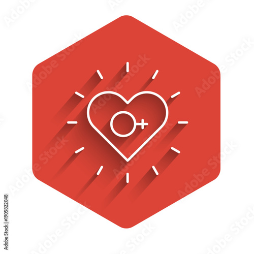 White line Feminism icon isolated with long shadow background. Fight for freedom, independence, equality. Red hexagon button. Vector