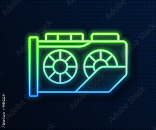 Glowing neon line Video graphic card icon isolated on blue background. Vector