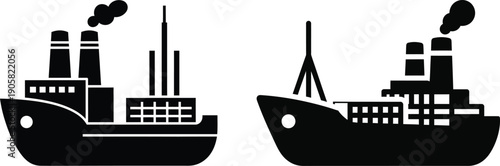 Two industrial ships with smokestacks emitting pollution in silhouette