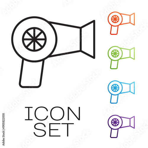 Black line Hair dryer icon isolated on white background. Hairdryer sign. Hair drying symbol. Blowing hot air. Set icons colorful. Vector