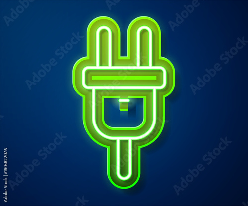 Glowing neon line Electric plug icon isolated on blue background. Concept of connection and disconnection of the electricity. Vector