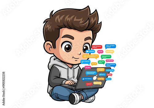 A young boy sits cross-legged with a laptop surrounded by colorful text and icons floating around him
