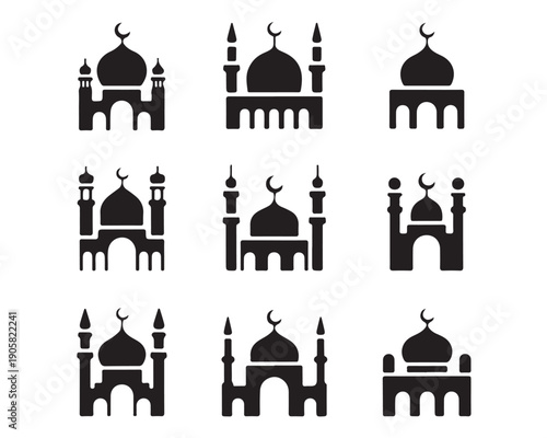 Collection of nine different islamic mosque silhouettes featuring various architectural designs with domes and minarets representing places of worship vector icon set