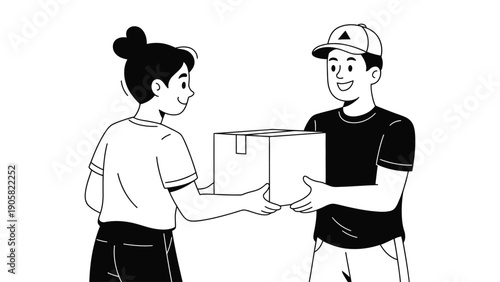 Package delivery illustration showing courier handing box to customer, home delivery service and logistics concept in black and white
