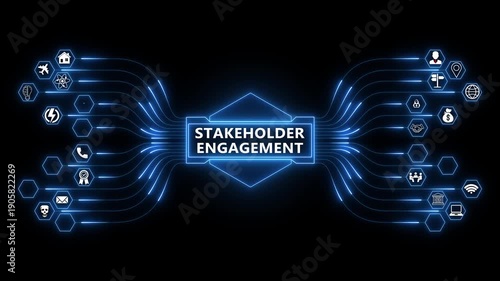 Connecting stakeholders through digital engagement networks, collaboration focused animation with glowing data links and shared communication systems