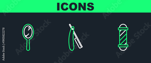 Set line Classic Barber shop pole, Hand mirror and Straight razor icon. Vector