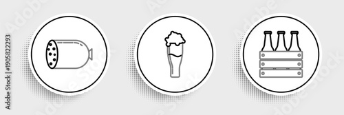 Set line Pack of beer bottles, Salami sausage and Glass icon. Vector