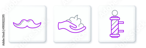 Set line Classic Barber shop pole, Mustache and Shaving gel foam on hand icon. Vector