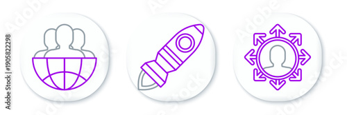 Set line Project team base, Globe and people and Rocket ship with fire icon. Vector
