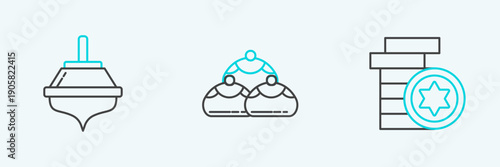 Set line Jewish coin, Hanukkah dreidel and sweet bakery icon. Vector