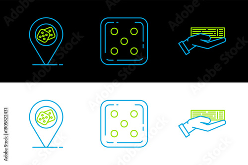 Set line Hand holding deck of playing cards, Casino location and Game dice icon. Vector