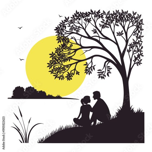 Romantic Couple Silhouette Sitting Under Tree by the Lake at Sunset, Tranquil Waterside Love and Serenity Scene