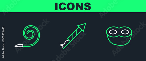 Set line Festive mask, Birthday party horn and Firework rocket icon. Vector