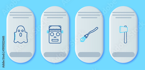 Set line Zombie mask, Witches broom, Ghost and Wooden axe icon. Vector