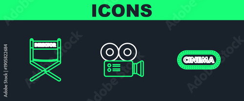 Set line Cinema poster design template, Director movie chair and camera icon. Vector