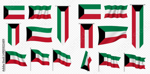 Set of Kuwait flags in various shapes and waving styles on a transparent background, representing national identity and patriotism.