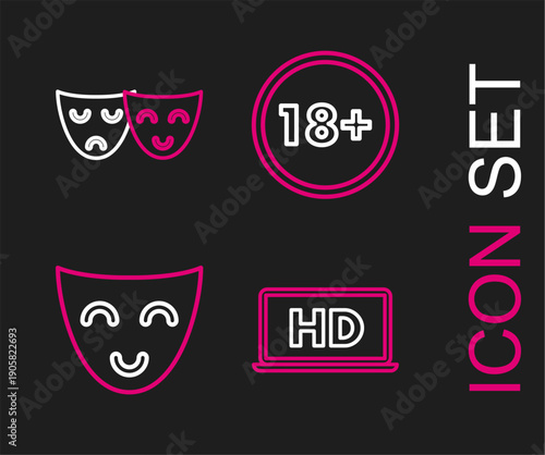 Set line Laptop screen with HD video technology, Comedy theatrical mask, Under 18 years and and tragedy masks icon. Vector
