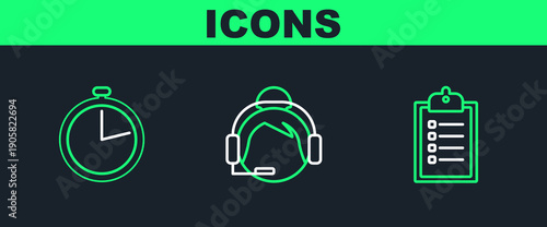 Set line Verification of delivery list clipboard, Stopwatch and Support operator in touch icon. Vector