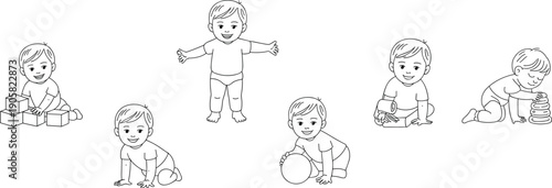 Cute baby activity illustration set showing crawling standing and playing toddlers in different developmental stages isolated on white background line art