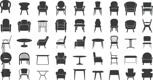 Furniture silhouette icon collection featuring chairs armchairs and tables in modern and classic styles isolated on white background vector illustration