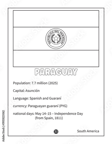 Paraguay Flag Coloring Page with Country Facts for Kids