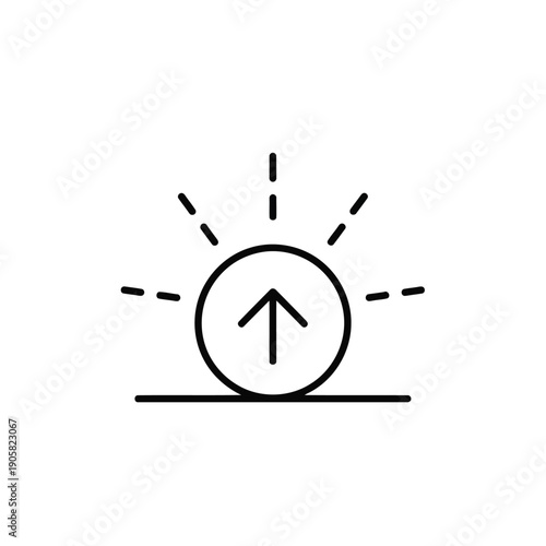 A graphic of a sun rising above the horizon with an upward arrow in the center