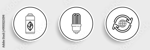 Set line Planet earth and a recycling, Recycling plastic bottle and LED light bulb icon. Vector