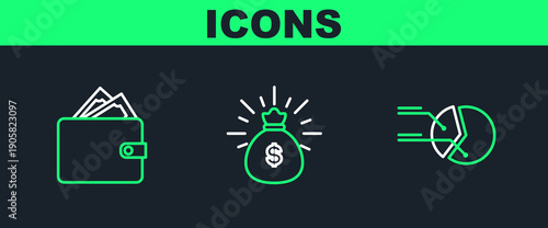 Set line Pie chart infographic, Wallet with stacks paper money cash and Money bag icon. Vector