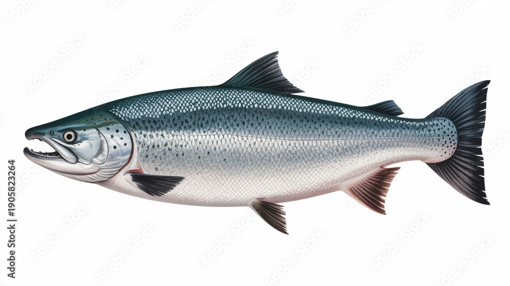 Obraz premium A large, sleek salmon fish with a silver body and pinkish fins swimming in clear water