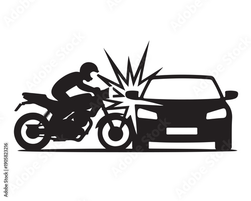 Motorcycle rider colliding with front of sedan car in severe traffic accident impact graphic vector