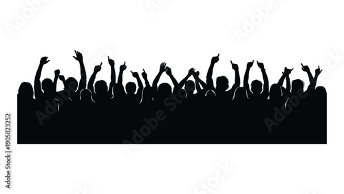 A crowd of people with their hands raised in excitement and celebration. Vector