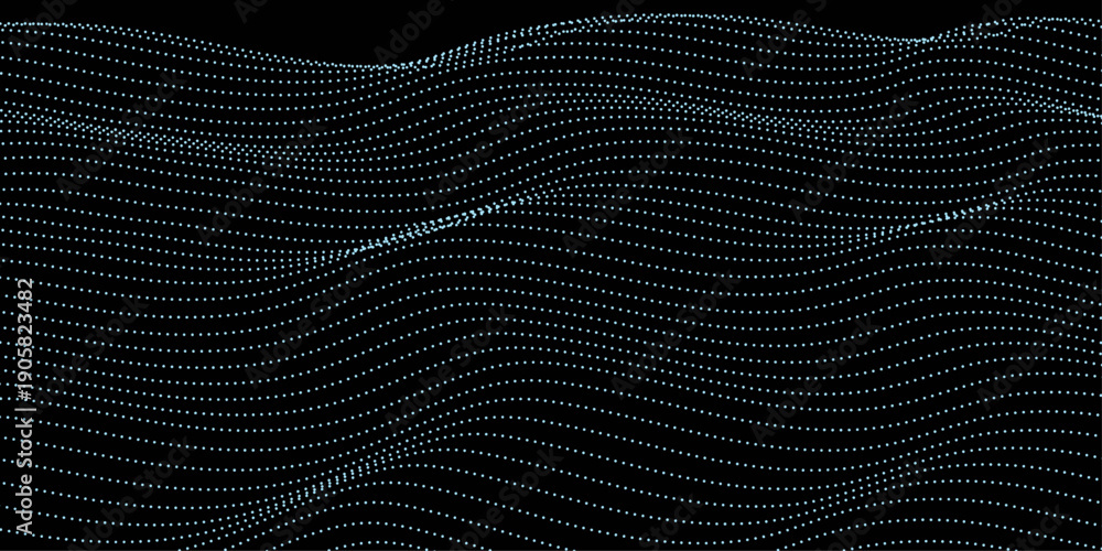 Naklejka premium Flowing dot particles wave pattern in blue green gradient colors. Cyber data particles. Modern technology background. A Calming Visualization Of Data In Motion. Big data stream. neon light colours