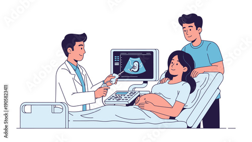 Expectation and Hope: A serene expectant couple, cradling a baby, finds reassurance with doctor's help