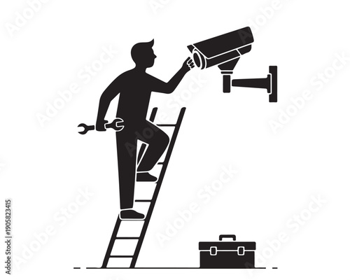 Security camera installation and maintenance professional working on high-tech surveillance system setting up video monitor equipment vector illustration icon