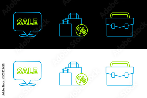 Set line Briefcase, Hanging sign with Sale and Shoping bag discount icon. Vector