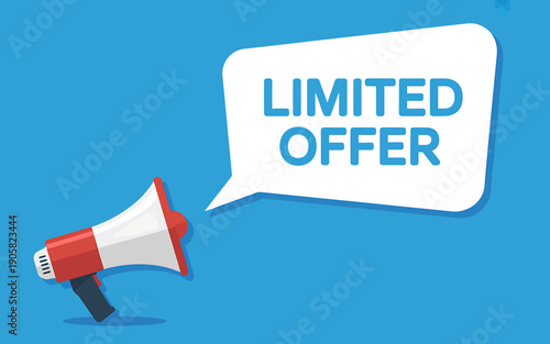 Megaphone with limited offer speech bubble on blue background