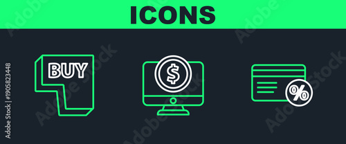 Set line Discount card with percent, Buy button and Computer monitor dollar icon. Vector