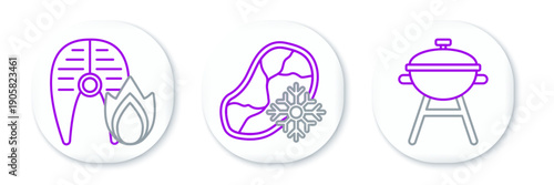 Set line Barbecue grill, Grilled fish steak and fire flame and Fresh frozen meat icon. Vector