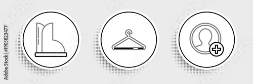 Set line Create account screen, Waterproof rubber boot and Hanger wardrobe icon. Vector
