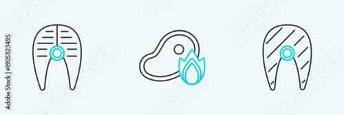 Set line Fish steak, and Grilled meat and fire flame icon. Vector
