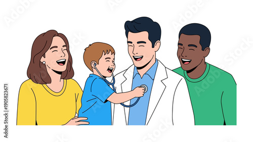 Joyful Check-Up: An illustrated scene of a playful child using a stethoscope on a smiling doctor, with supportive parents standing close, conveying themes of health, trust, and well-being.