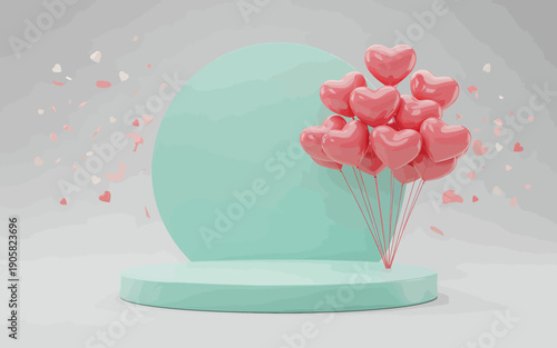 Heart balloons tied together on a teal stand with confetti  festive scene