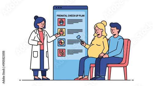 Prenatal Check-Up: A medical professional consults with an expectant couple, pointing to a prenatal check-up plan displayed on a digital interface.