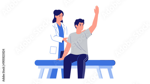Health Assessment: A doctor assesses a patient's shoulder and arm health. Medical professional provides support for physical recovery and healing. 
