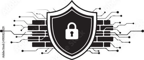 Black shield with white padlock and circuit board security protection de
