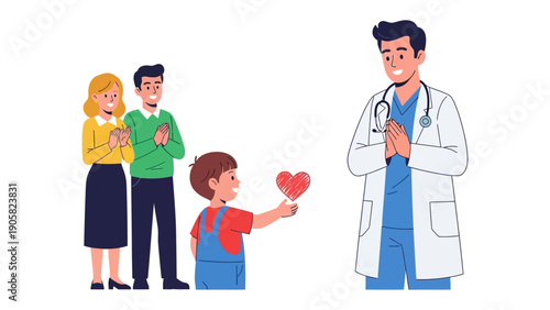Health Harmony: A child gifting a heart to a doctor, symbolizing care, trust, and gratitude within a supportive family environment.