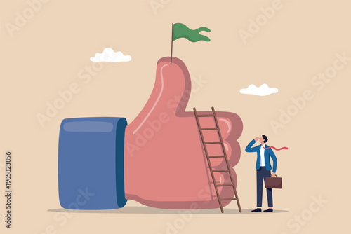 Climbing the ladder of success towards a giant thumbs-up symbolizing approval