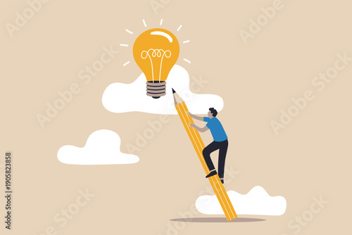 A determined individual reaching for a glowing light bulb idea in the sky