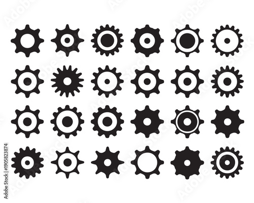 Set of various black silhouette icons representing different sizes and styles of industrial machine gears